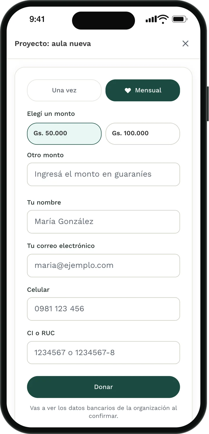 El formulario de donación de DonaPar en un celular, con dos montos para elegir y el botón Donar.