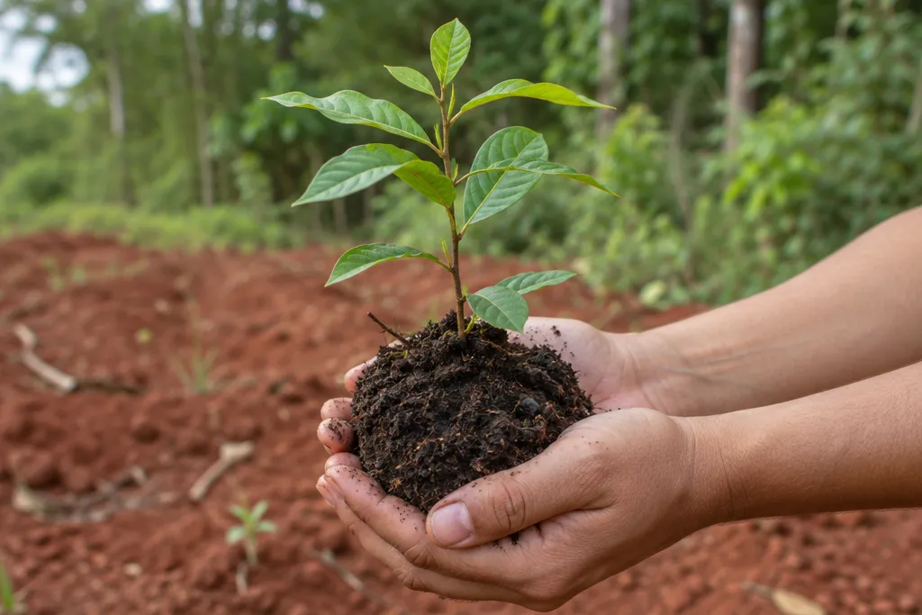 Dos manos sostienen un plantín con su tierra.