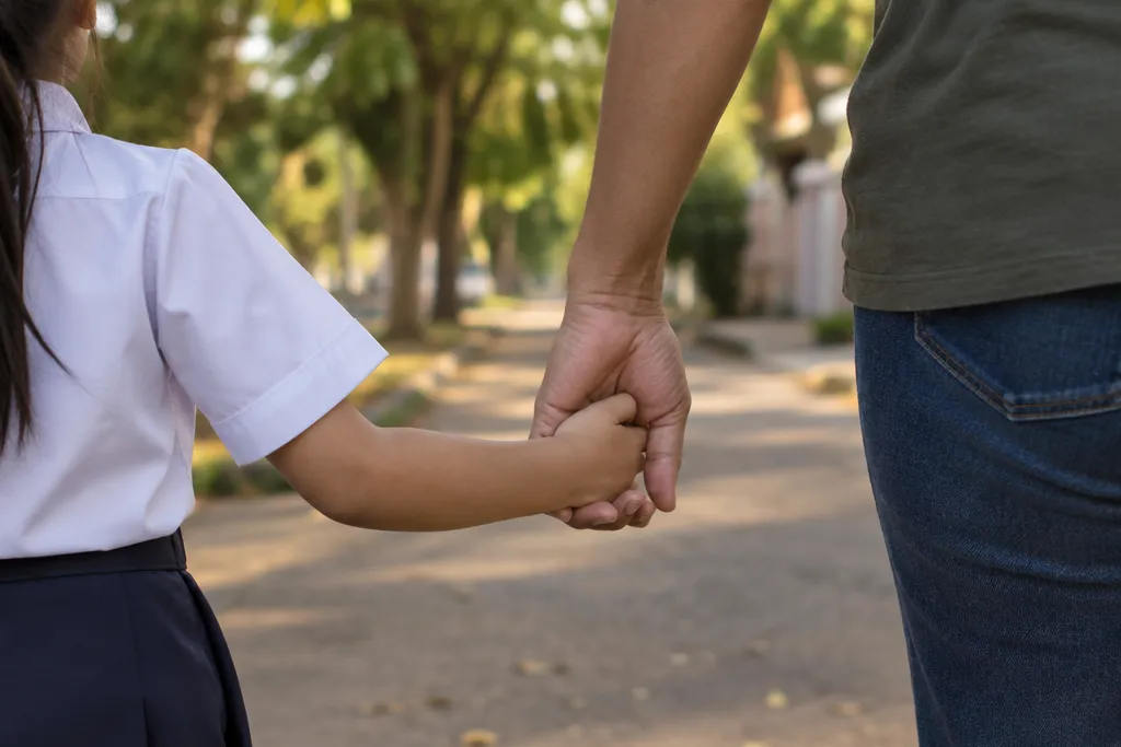 La mano de un chico toma la de un adulto mientras caminan juntos.