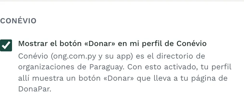La sección Conévio en la configuración de una organización, con el botón «Donar» activado.