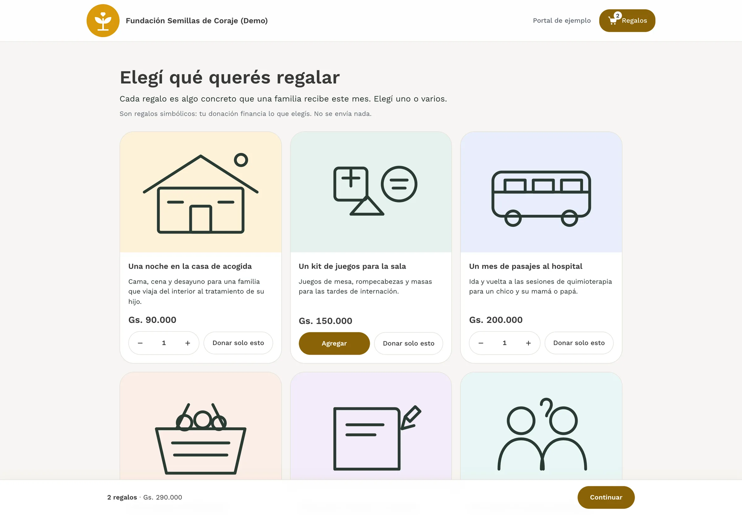 El catálogo de una fundación: regalos con su foto y su precio, y un carrito con dos regalos elegidos.