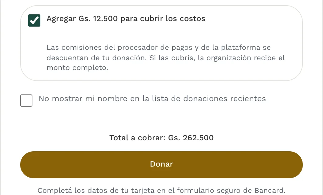 El formulario con la opción de sumar Gs. 12.500 para cubrir los costos, y el total a cobrar.