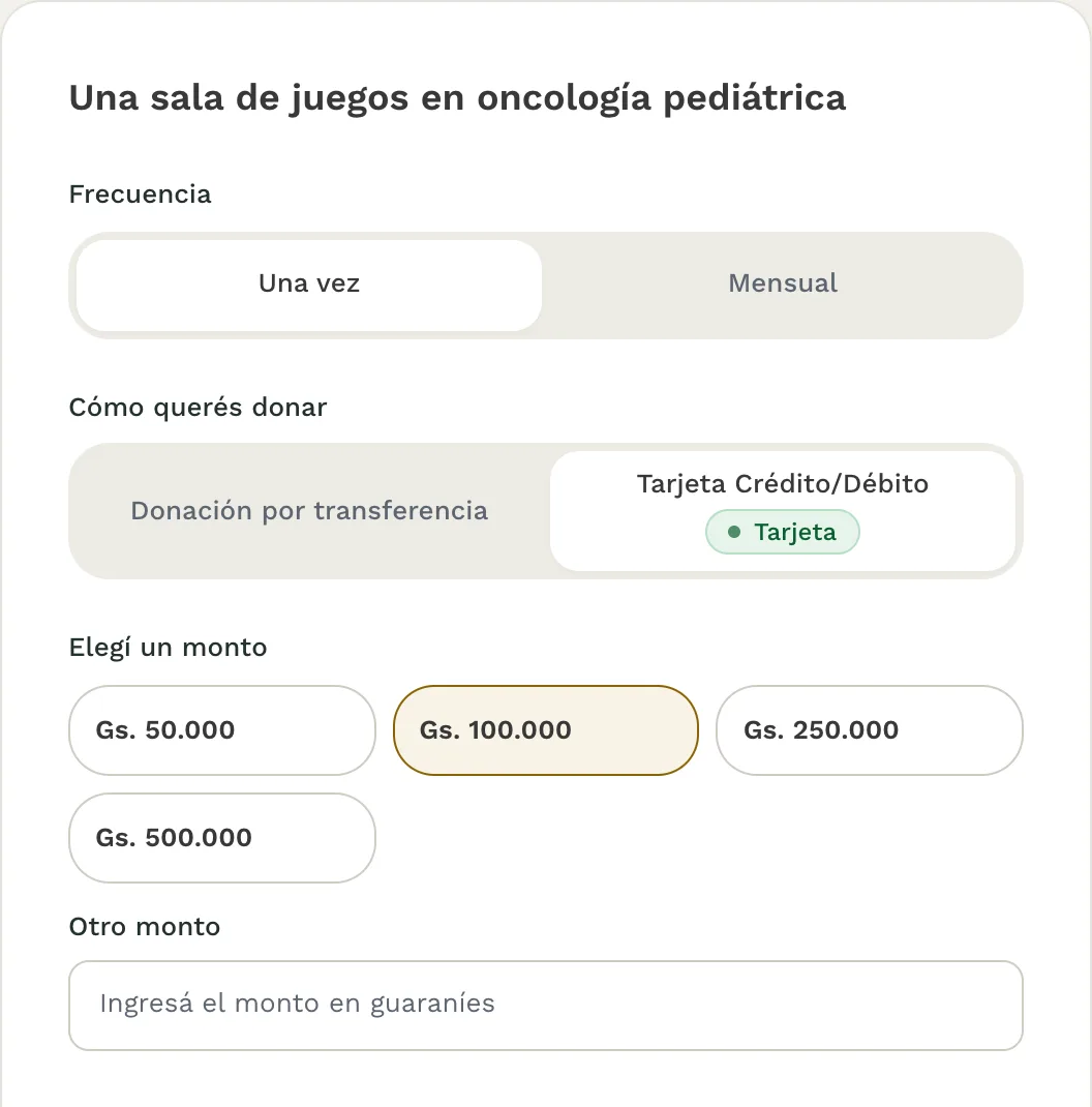 El formulario de donación con el pago con tarjeta de crédito o débito elegido.