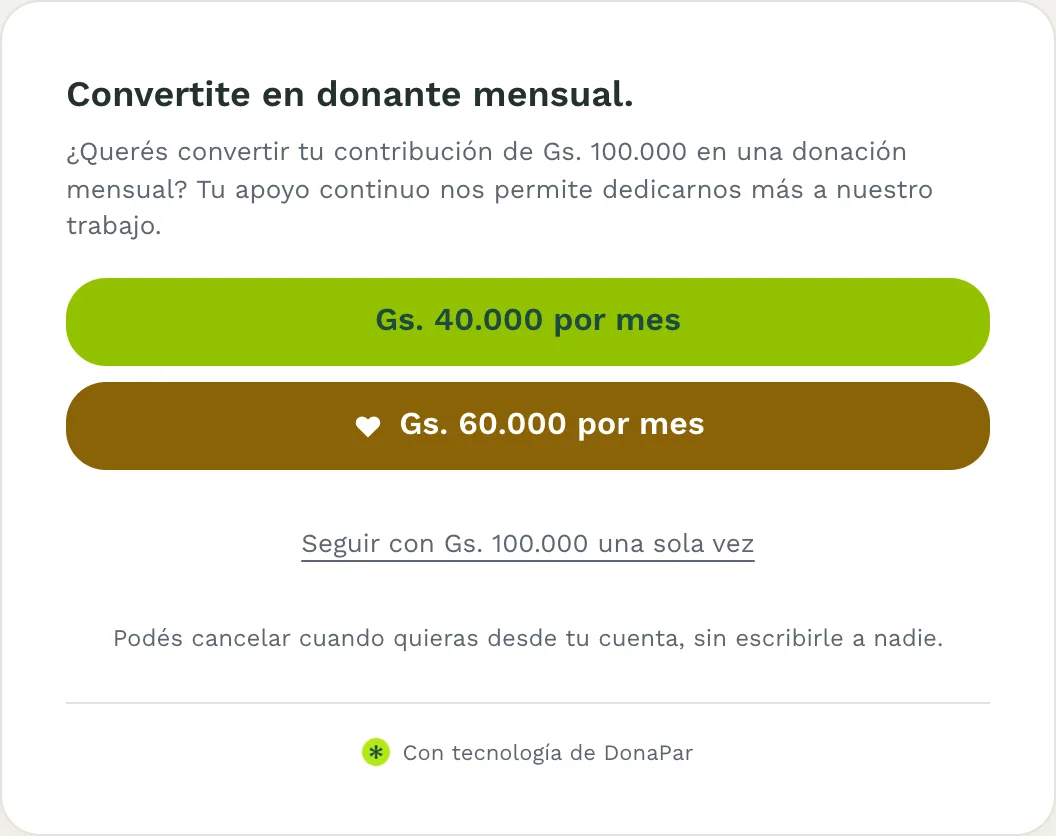 El formulario ofreciendo Gs. 40.000 o Gs. 60.000 por mes en lugar de una donación única de Gs. 100.000.